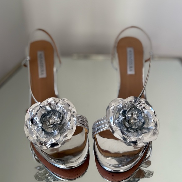 Like new AQUAZZURA Paris Rose 105 crystal-embellished metallic leather sandals - Picture 9 of 13